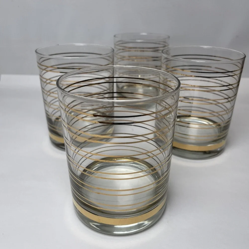 Shelton Ware On the Rocks Glasses Set of 4 Clear w/ Gold Stripe 80's Vintage Bar